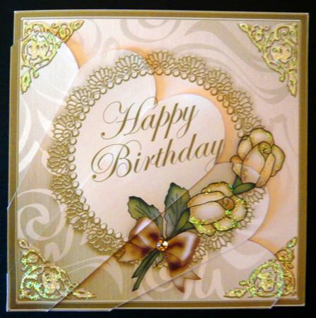 Roses and Metallic Lace Quick Card with Fan Pyramage Topper by Norma Howgate