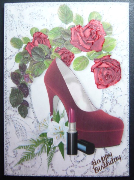 Diamond Frame with Red Shoe and Red Roses A4 by Norma Howgate