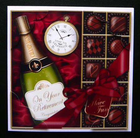8 x 8 Retirement Champers N Chocs Scalloped Corner Topper by Norma Howgate