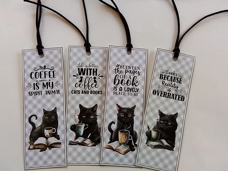 Black cat books & coffee 4 x bookmarks by Pam Ogilvy