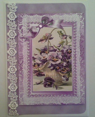 Purple Pansies in a Basket, with Lilac Bow, and Lace A4 by Pam Ogilvy
