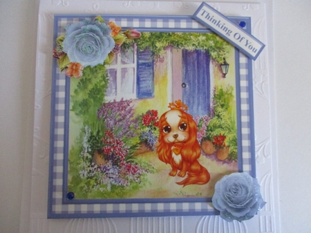 Cute Cavalier Puppy Scene Gingham Topper & Decoupage by Pam Ogilvy