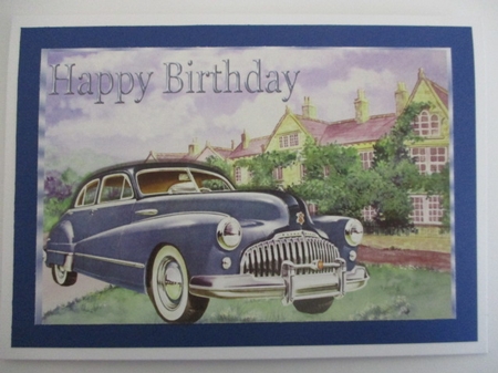 Vintage Buick Blue Automobile with Mansion A4 by Pam Ogilvy