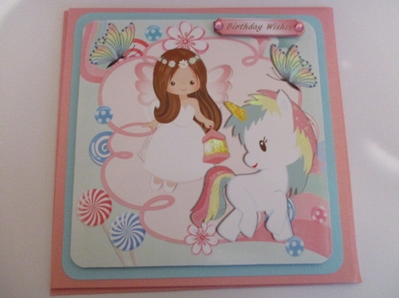 Cute Faerie with Rainbow Unicorn & Butterflies 8x8 by Pam Ogilvy