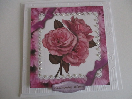 Beautiful lilac roses on lace with Double Bows  by Pam Ogilvy