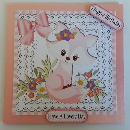 Cute little foxy girl on lace with flowers & bow 8x8 by Pam Ogilvy