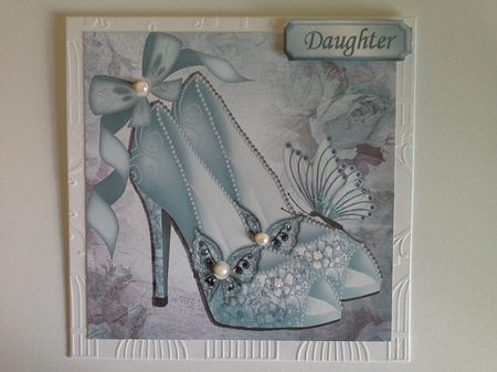 Pretty turq sparkle shoes with bow and butterflies 8x8 by Pam Ogilvy