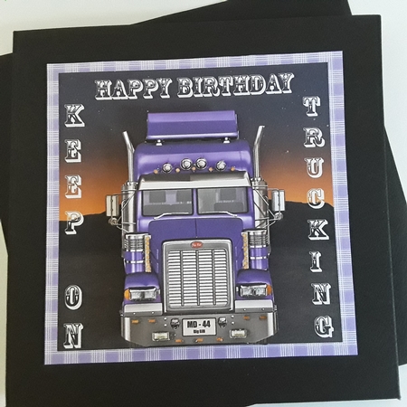 Blue birthday keep on trucking card front by Pam Ogilvy