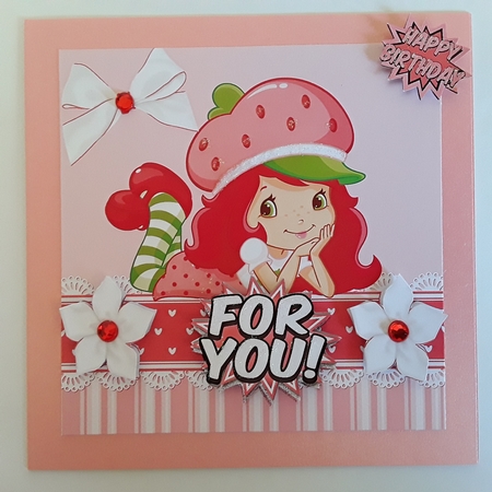cute girl in strawberry hat with flowers in gingham 8x8 by Pam Ogilvy