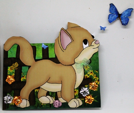 Ginger Kitten Chasing Wobbly Butterfly - Cut & Fold 3D Card by Pam Sperling