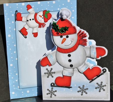 3D Xmas Skating Snowman Shaped Card with Decoupage by Pam Sperling