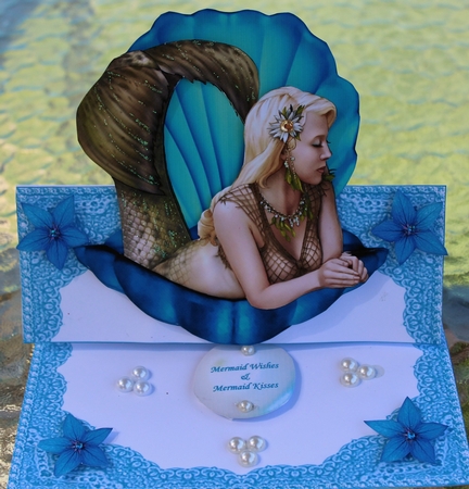 Beautiful Mermaid in a Shell & Pearls Decoupage Easel Card by Pam Sperling