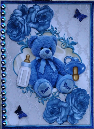 Blue Teddy for Baby Boy, with Bottle & Dummy by Pam Sperling