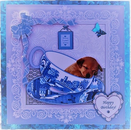 Teacup Puppy in Blue Frame - 8" x 8" Card Topper by Pam Sperling