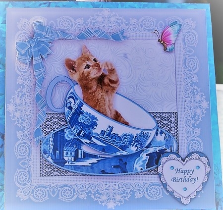 Teacup Kitten & Butterfly in Blue Frame - 8" x 8" Topper by Pam Sperling