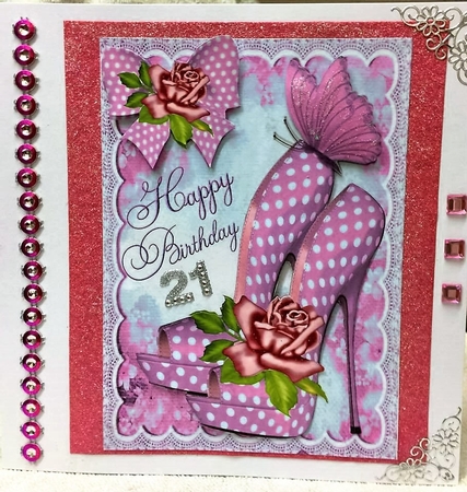 Pink Polka Dot Shoes and Roses for Birthday A4 by Pam Sperling
