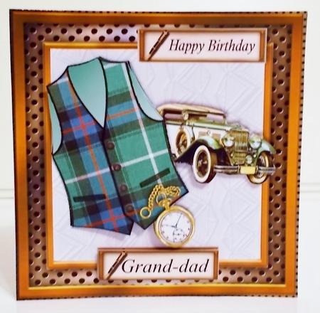 Male birthday card in wooden frame with green tartan waistcoat,pocket watch and vintage car topper for 6x6 card by Pam Stubley