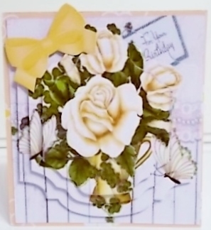pretty gold roses, on wood panel and lace bracket pyramids with butterflies by Pam Stubley