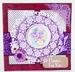 6 x 6 Card Front Pansies and Lace with Toppers and Sentiments Violet/Cream by Pam Stubley
