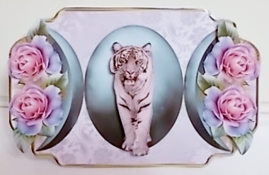 White Tiger and Roses - A5 card front with decoupage by Pam Stubley