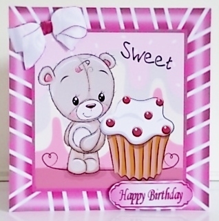 Cute teddy with Cupcake with bow in pink stripe 8x8 frame by Pam Stubley
