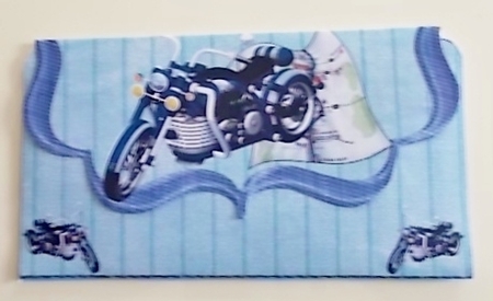 Blue motorbike money voucher wallet by Pam Stubley