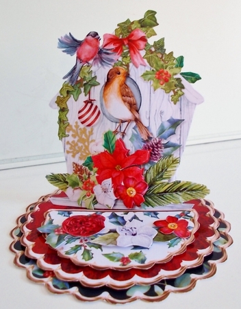 Crimson Christmas 3 3d Shaped Easel Card and Envelope Kit. by Pam Stubley