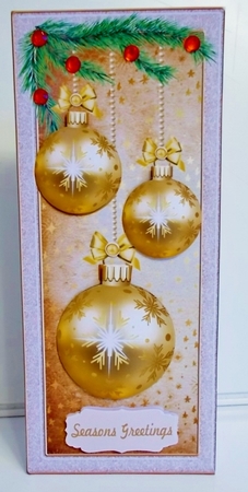 Gold Christmas baubles card front by Pam Stubley