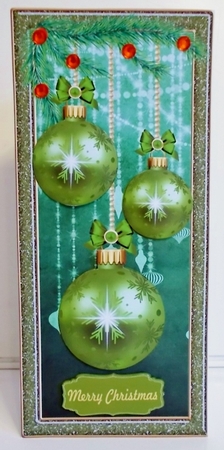 Green Christmas baubles card front by Pam Stubley