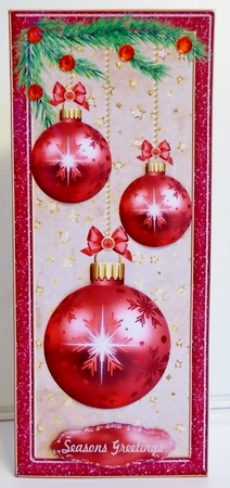 Red Christmas baubles card front by Pam Stubley