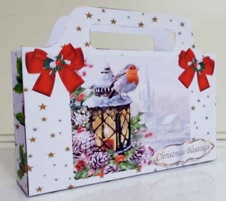 Pretty robin on a lantern with gold stars and holly tote bag by Pam Stubley