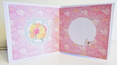 6 x 6 Card Insert Floral Bouquet/Circular Lace Frame on Pink Floral Background, Blank by Pam Stubley
