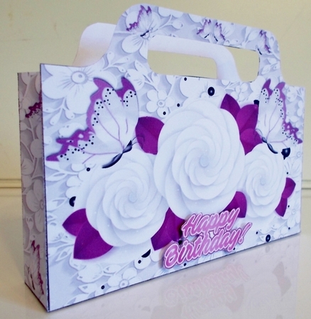 Pretty white roses and purple butterflies on lace tote bag by Pam Stubley