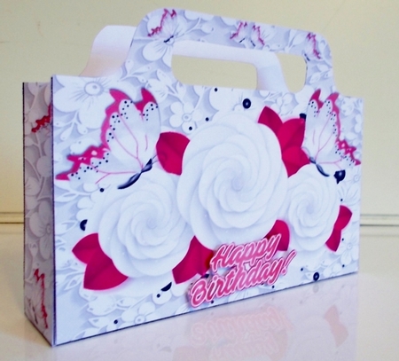 Pretty white roses and pink butterflies on lace tote bag by Pam Stubley