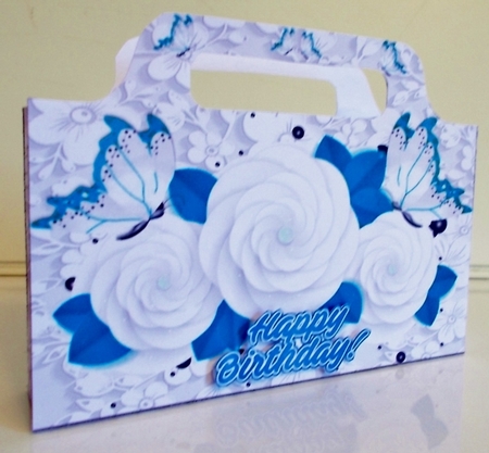 Pretty white roses and blue butterflies on lace tote bag by Pam Stubley