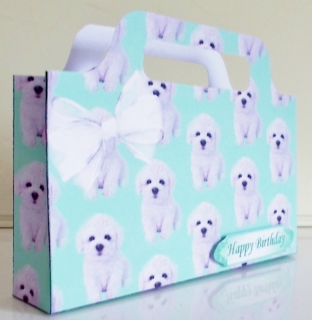 Lovely white Bichon puppy (green) tote gift bag by Pam Stubley