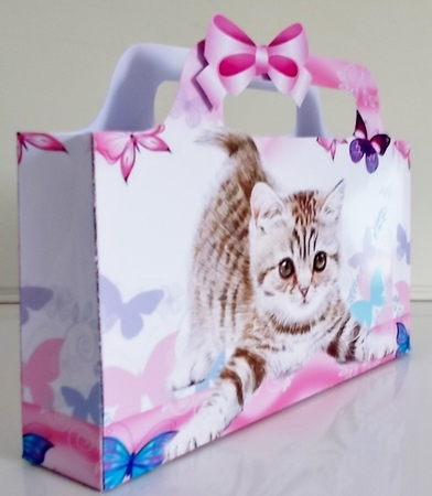 cute kitten with pink/purple butterflies tote gift bag by Pam Stubley