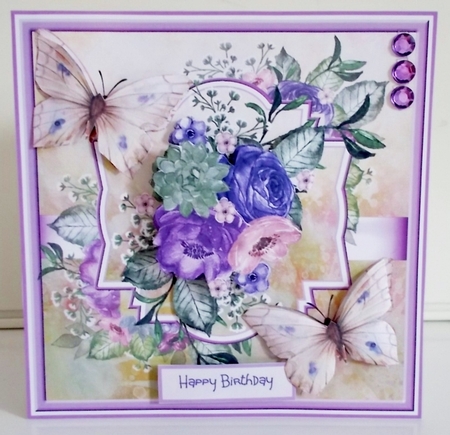 Purple flowers and butterfly 7x7 by Pam Stubley