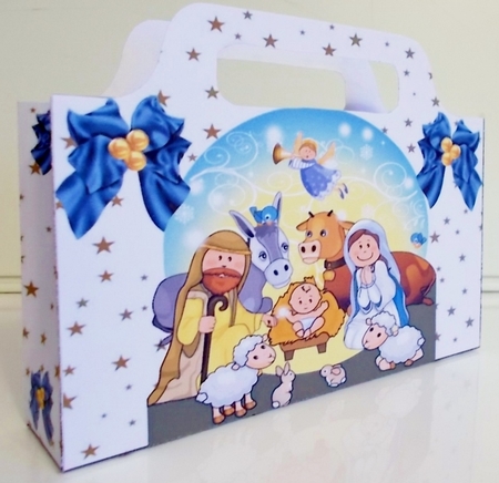 Lovely nativity scene with blue bows and stars tote gift bag by Pam Stubley