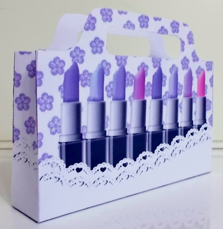 Shades of Lippy with lace and purple flowers tote gift bag by Pam Stubley