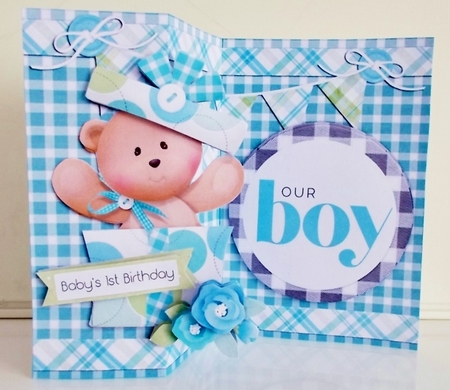 Baby Boys First Birthday Fold Back Card and Envelope by Pam Stubley