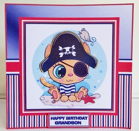 8x8 Pussy Cat Pirate Card Front Topper and sentiments  by Pam Stubley