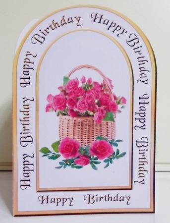 Archway card Basket of pink roses by Pam Stubley