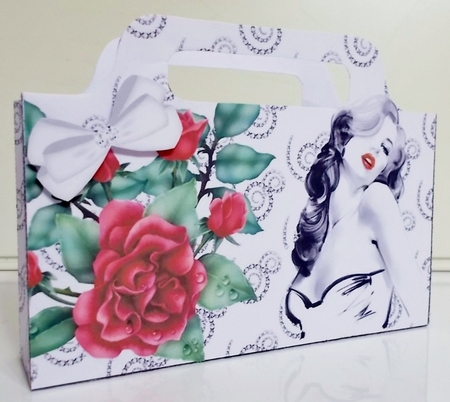 lady with diamante tote gift bag with, red roses by Pam Stubley