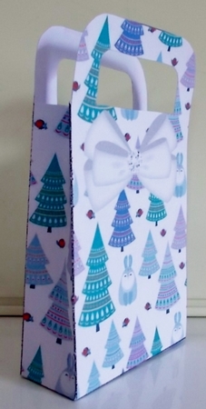 Christmas trees and bunnies small gift bag with white bow by Pam Stubley