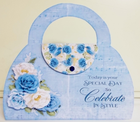 Blue and Vanilla Roses Handbag Shaped Card by Pam Stubley