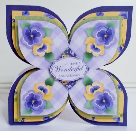Pansy Petal Shaped Decoupage Quad Card with Insert and Extra Sentiments by Pam Stubley