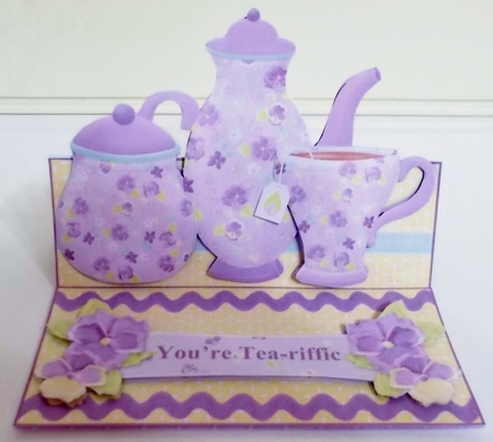 Tea-riffic Easel Card with Decoupage and Various Sentiments by Pam Stubley