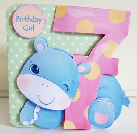 Hippo Shaped 7th Birthday Card with Decoupage and Inserts by Pam Stubley