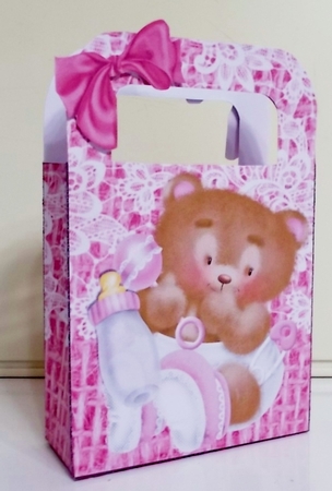 Lovely Pink Lace Burlap Gift Bag With Baby Teddy by Pam Stubley